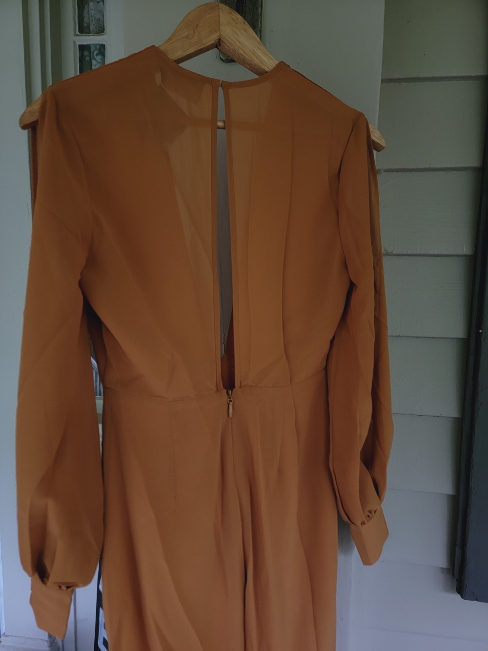 Nasty Gal Split Decision Plunging Mustard Color Poly Crepe Jumpsuit Open Sleeve - Picture 13 of 16